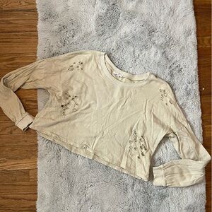Aerie Distressed Cream Long Sleeve Top